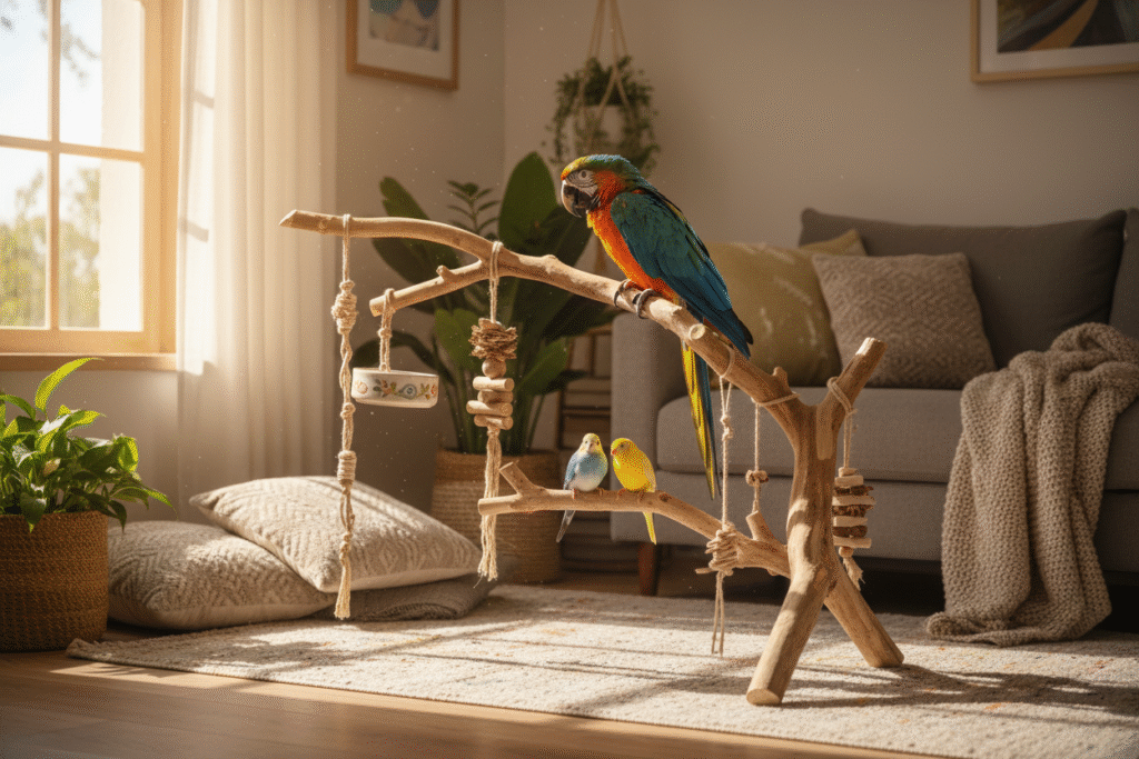 Colorful parrot and small birds sitting on a wooden play stand in a bright cozy living room.