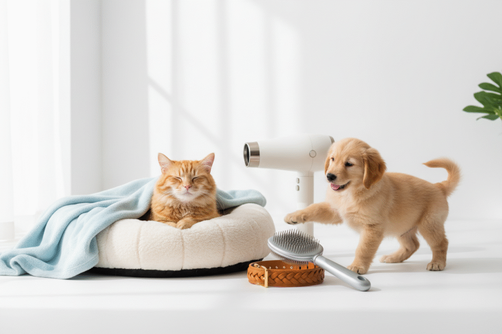 cat and puppy on a soft pet bed with pet dryer and grooming toolscat and puppy on a soft pet bed with pet dryer and grooming tools