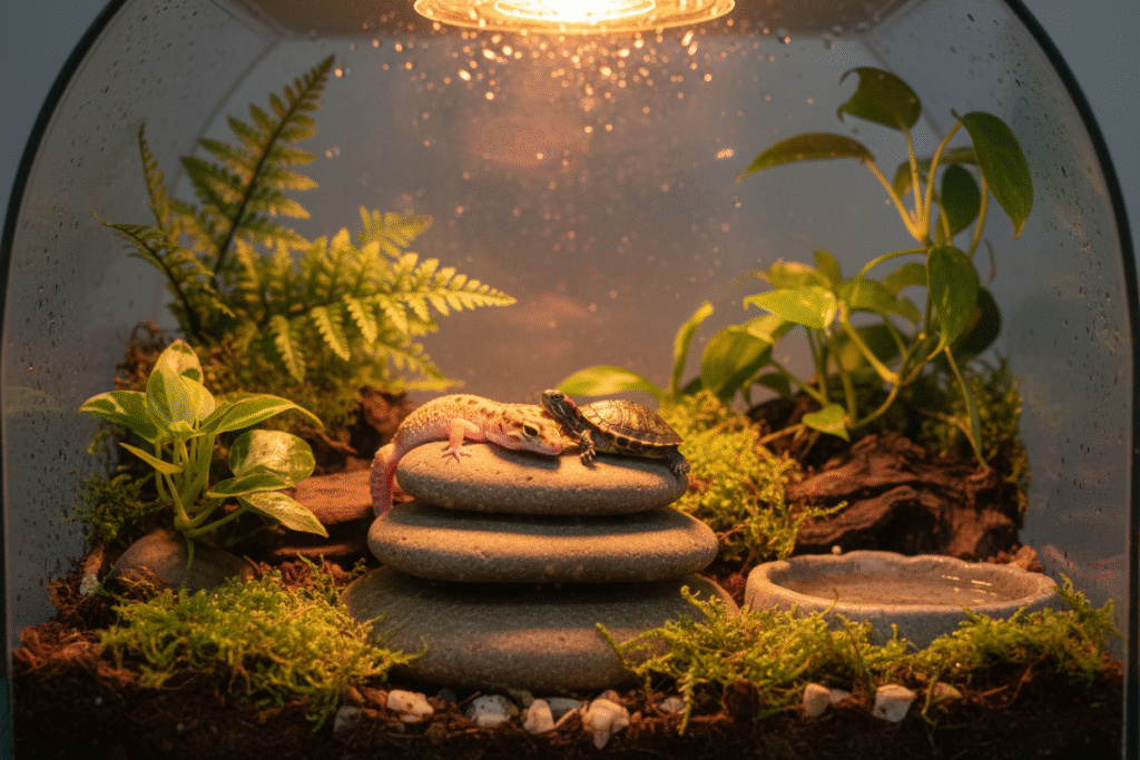 A gecko and a small turtle resting on smooth stones inside a glass terrarium with plants and a warm lamp above.
