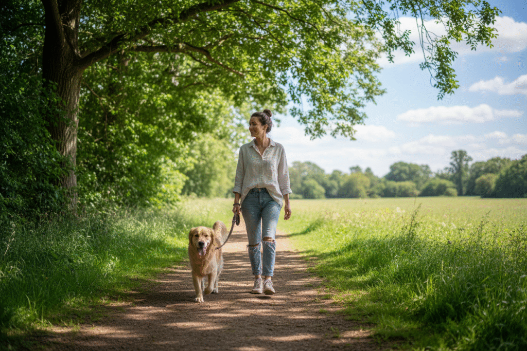 woman walking dog with harness and travel bottle in a green city park