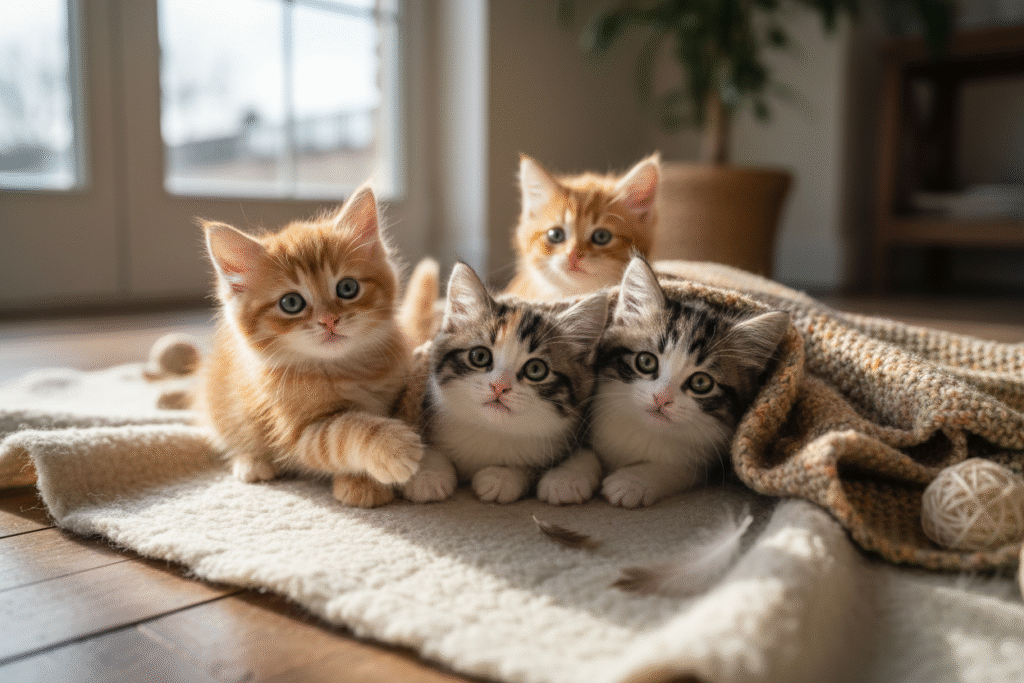 Four kittens resting together on a soft rug in a cozy living room with warm sunlight.