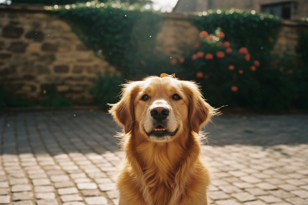 Golden retriever sitting on a stone courtyard pathway outside a house with flowers in the background.