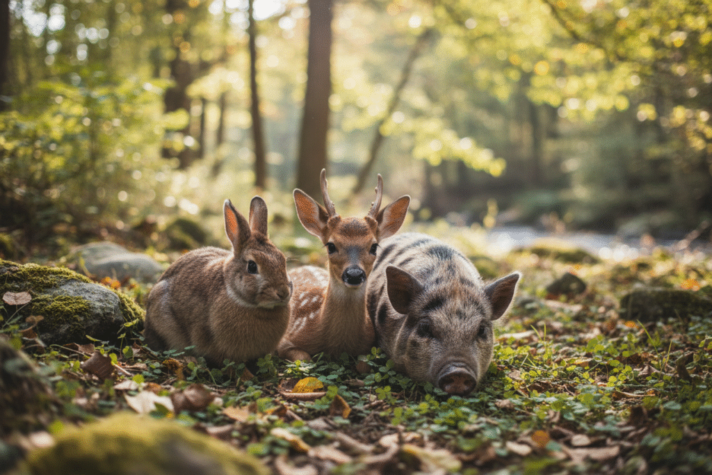 Two rabbits, a young deer and a small piglet resting together on moss in a forest clearing.