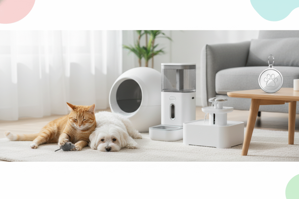 automatic cat and dog feeder and water fountain in a bright modern living room