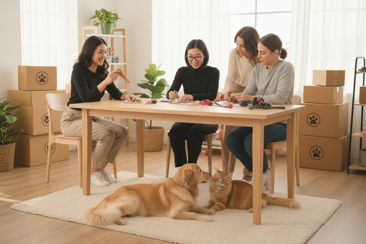 Pet Planet team in a bright studio checking pet products while a dog and cat relax among shipping boxes for global customers.